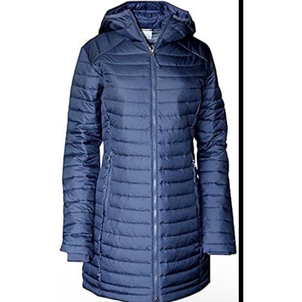 Columbia Women Navy Blue Omni-Heat Hooded Long Puffer Jacket Parka XS